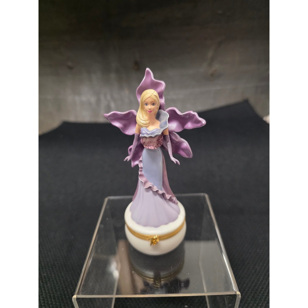 Vintage 2002 Barbie Mattel Porcelain Hinged Trinket Box Fairy Purple Flower Gown